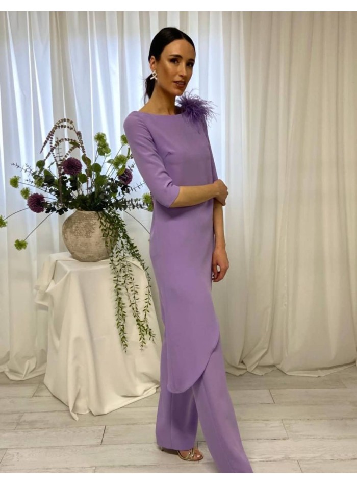 Asymmetrical blouse with brooch and long pants set