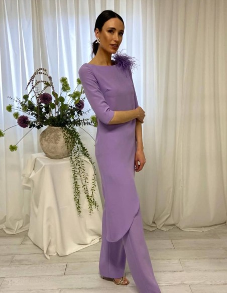 Asymmetrical blouse with brooch and long pants set