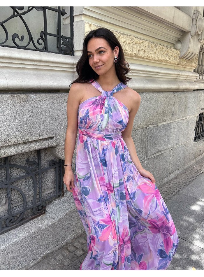 Long printed party dress with halter neckline and rhinestones for guest