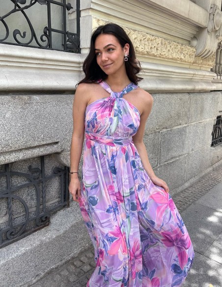 Long printed party dress with halter neckline and rhinestones for guest