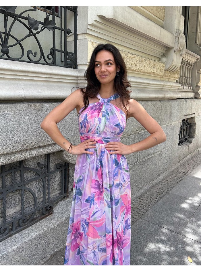 Long printed gown with halter necklines