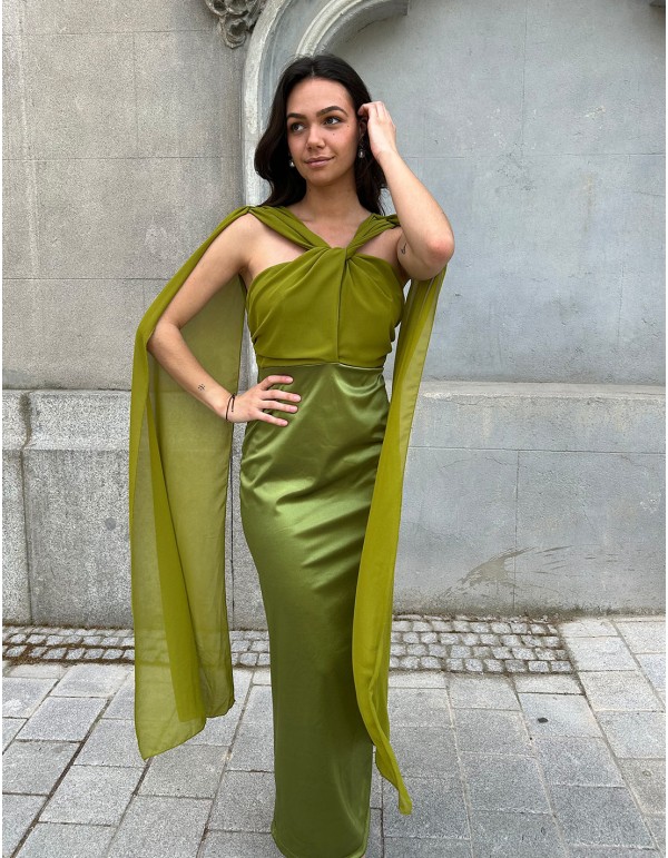 Satin midi party dress with cape sleeves and halter neckline for guests