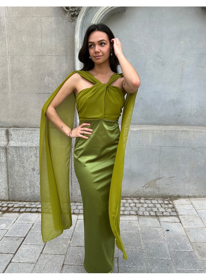 Satin midi party dress with cape sleeves and halter neckline for guests