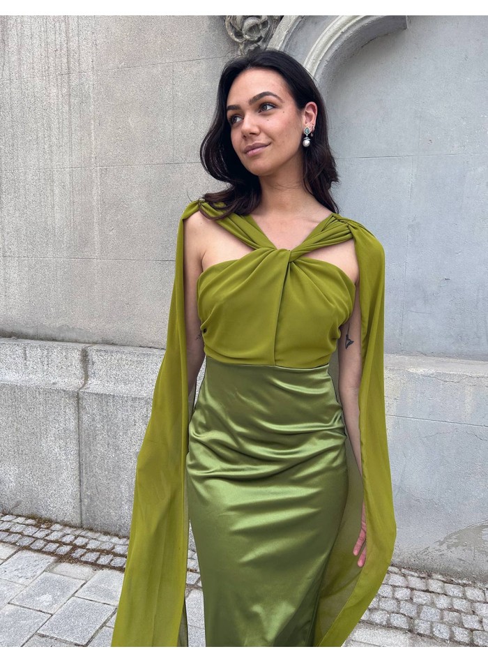 Satin midi party dress with cape sleeves and halter neckline