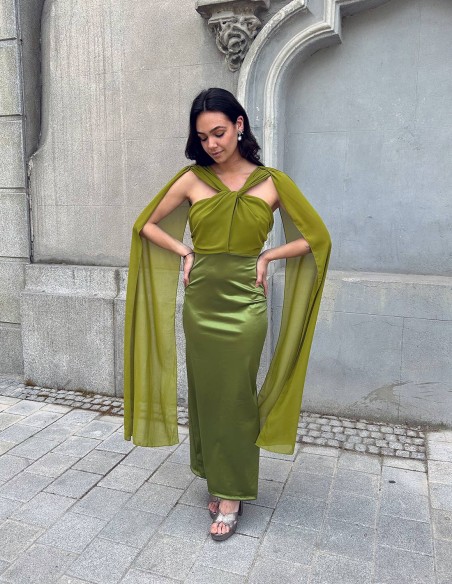 Satin midi party dress with cape sleeves and halter neckline