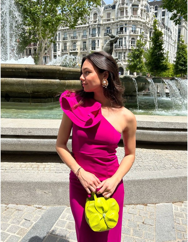 Long party dress with asymmetrical neckline and flounce