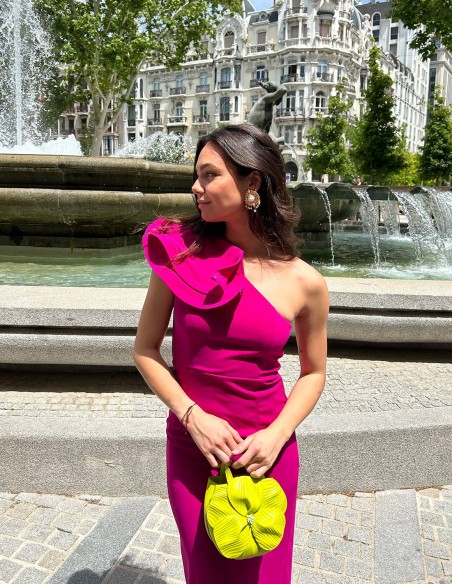 Long party dress with asymmetrical neckline and flounce