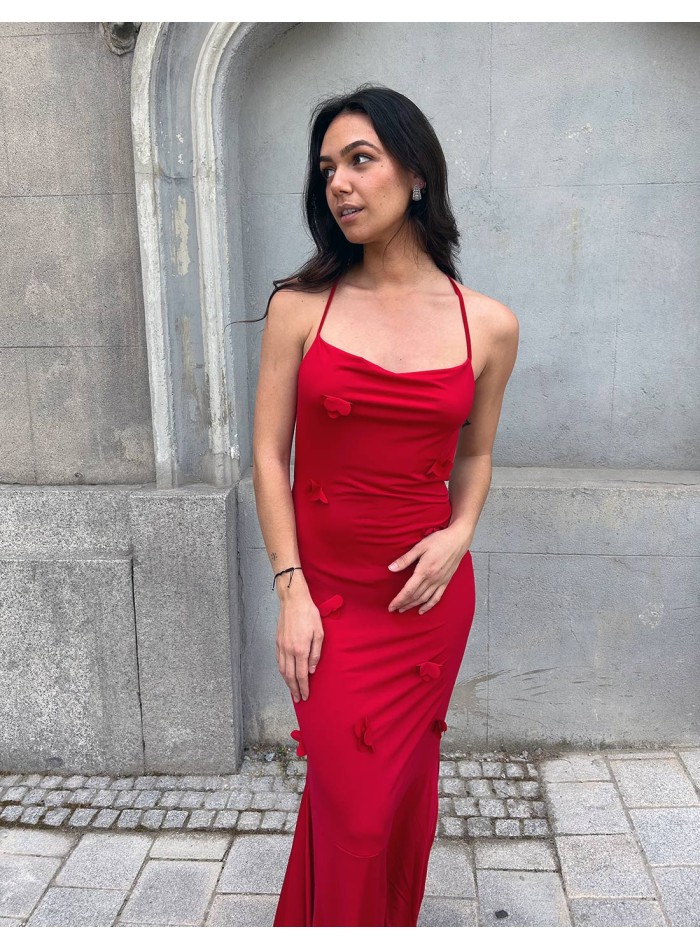 Robe longue de fête rouge avec fleurs en 3D