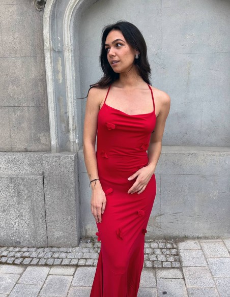 Robe longue de fête rouge avec fleurs en 3D