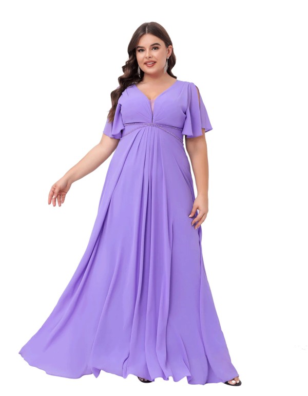 Vestido de fiesta largo con detalle de pedrería y manguita talla grande