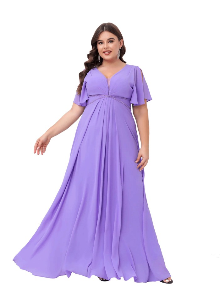 Long gown with rhinestone detail and sleeveless sleeves
