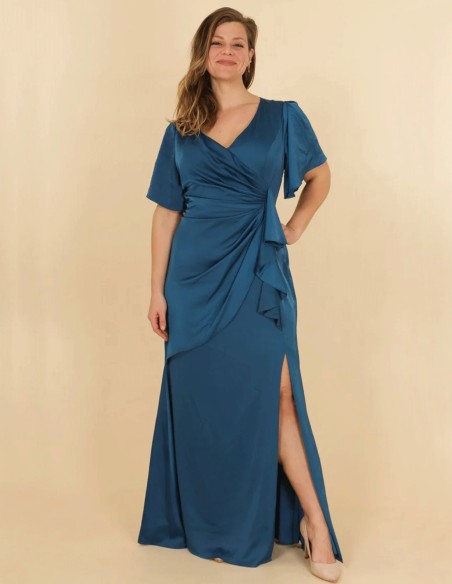long satin gown with a V-neckline and flounce