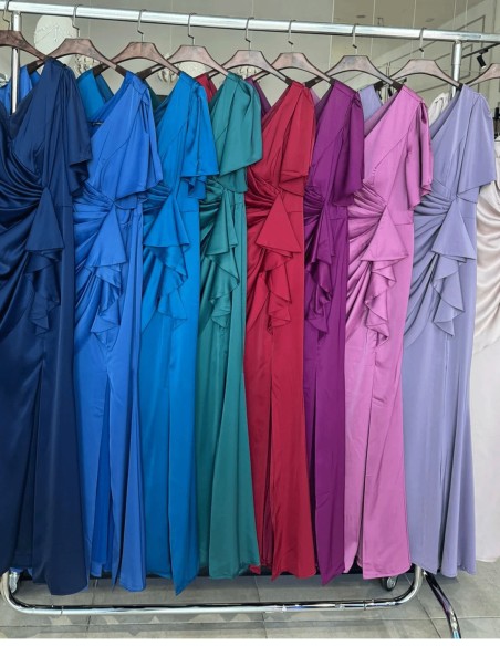 long satin gown with a V-neckline and flounce