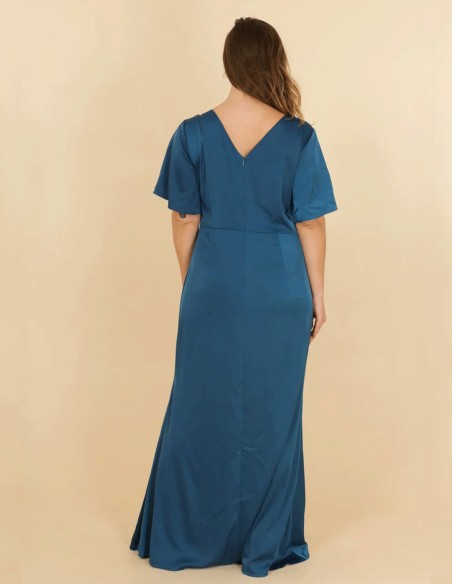 robe longue de fête en satin avec décolleté en V et volant