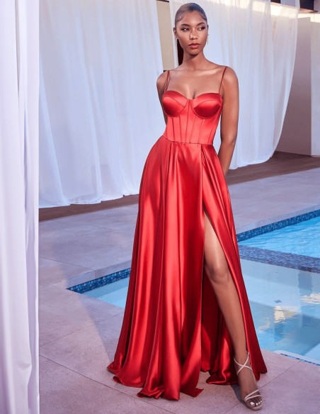 Long satin gown with a bodice