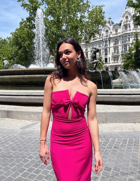 strapless long party gown with a front bow