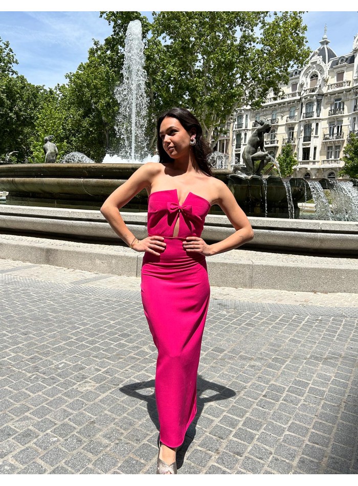 strapless long party gown with a front bow