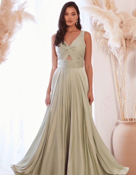 Vestido de fiesta largo satinado con escote drapeado de tirantes verde agua
