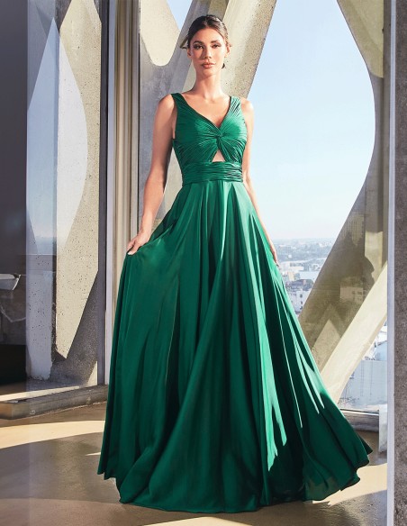 Long satin gown with draped strap neckline