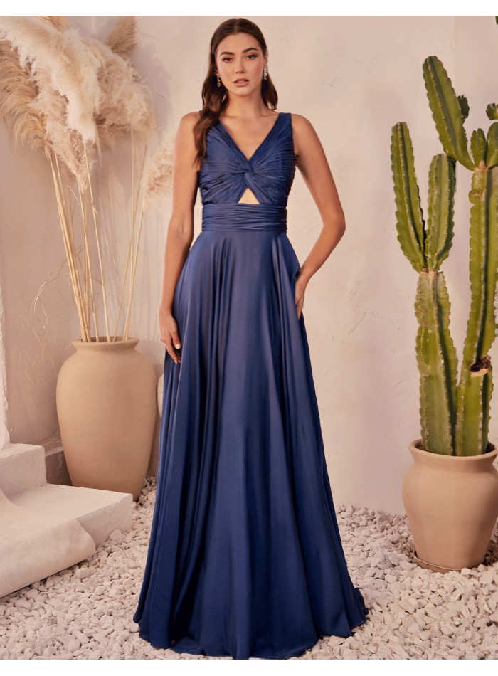 Long satin gown with draped strap neckline pink