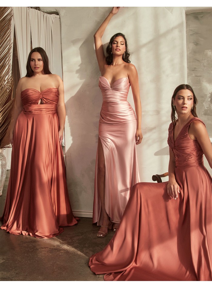 Long satin gown with draped strap neckline