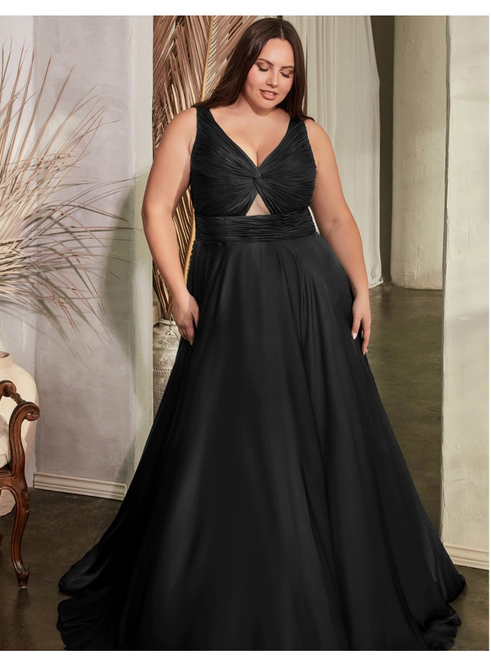 Long satin gown with draped strapless straps neckline - plus size neckline