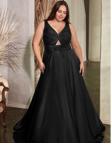 Long satin gown with draped strapless straps neckline - plus size neckline