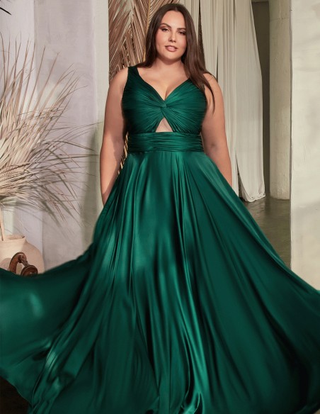 Vestido de fiesta largo satinado con escote drapeado de tirantes talla grande verde