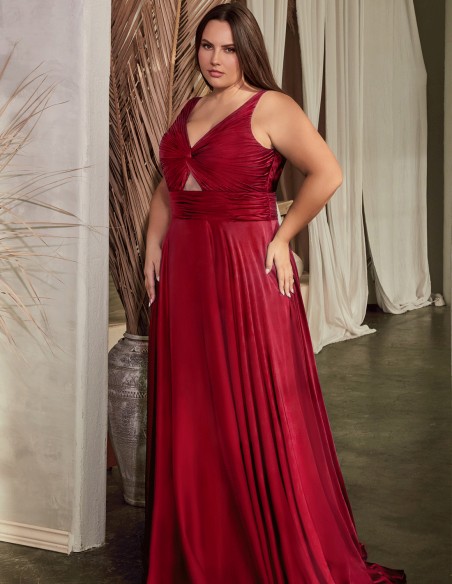 Long satin gown with draped strapless straps neckline - plus size neckline