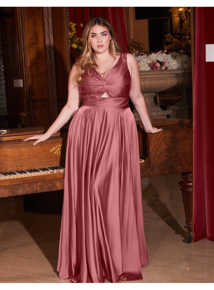 Long satin gown with draped strapless straps neckline - plus size neckline