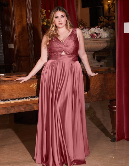 Long satin gown with draped strapless straps neckline - plus size neckline