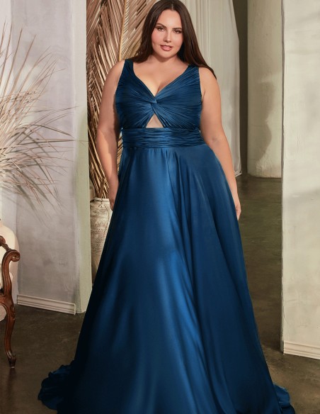 Long satin gown with draped strapless straps neckline - plus size neckline