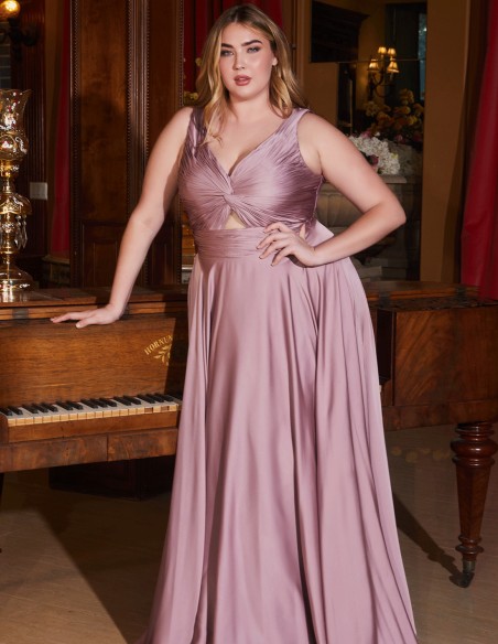 Long satin gown with draped strapless straps neckline - plus size neckline