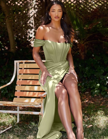 Long satin party dress with corset bodice and dropped straps