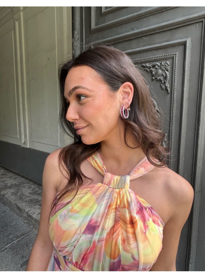 Party hoop earrings with zirconia and red stone