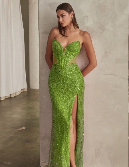 Long party dress with rhinestones and corset neckline