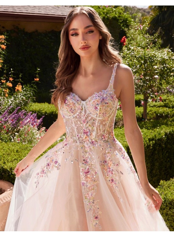 Long tulle gown with a floral bodice