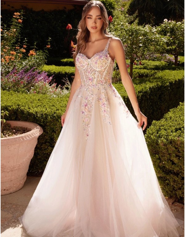 Long tulle gown with a floral bodice