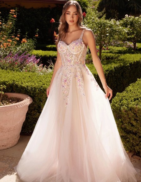 Long tulle gown with a floral bodice