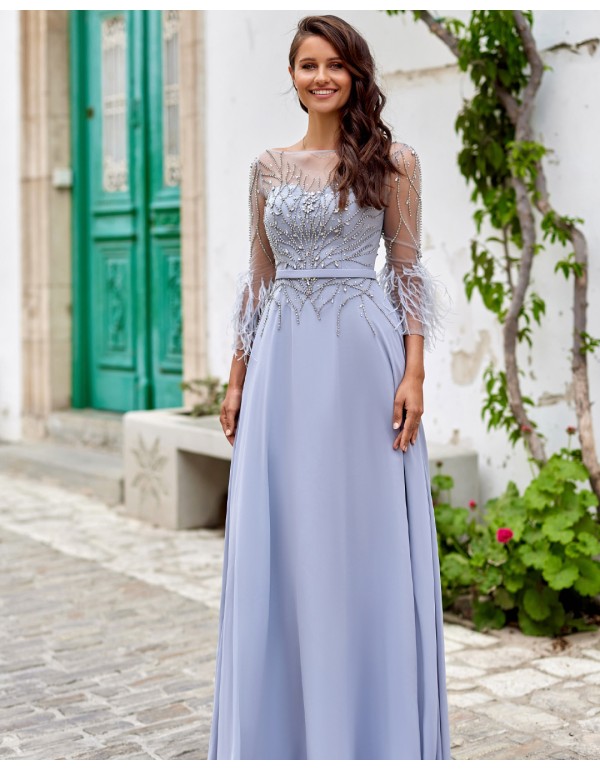 Vestido largo con pedrería y apliques de plumas