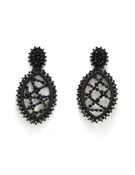 Pendientes largos en forma de óvalo con hilos y piedras de color negros