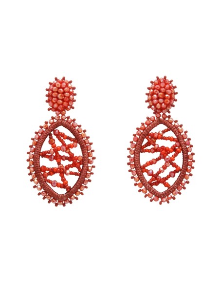Pendientes largos en forma de óvalo con hilos y piedras de color rojo