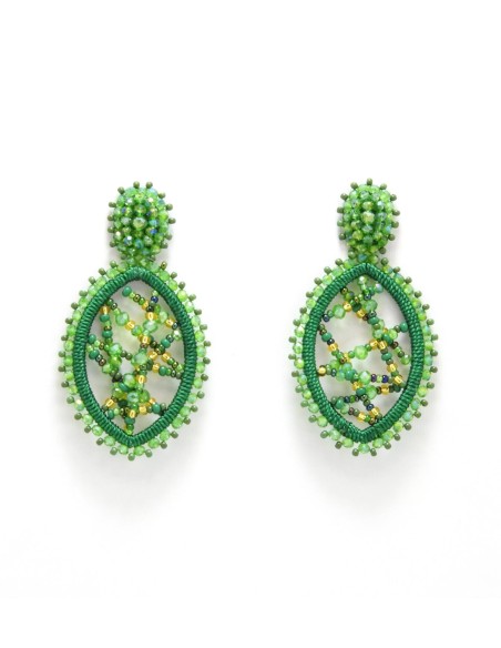 Long oval-shaped earrings with threads and coloured stones