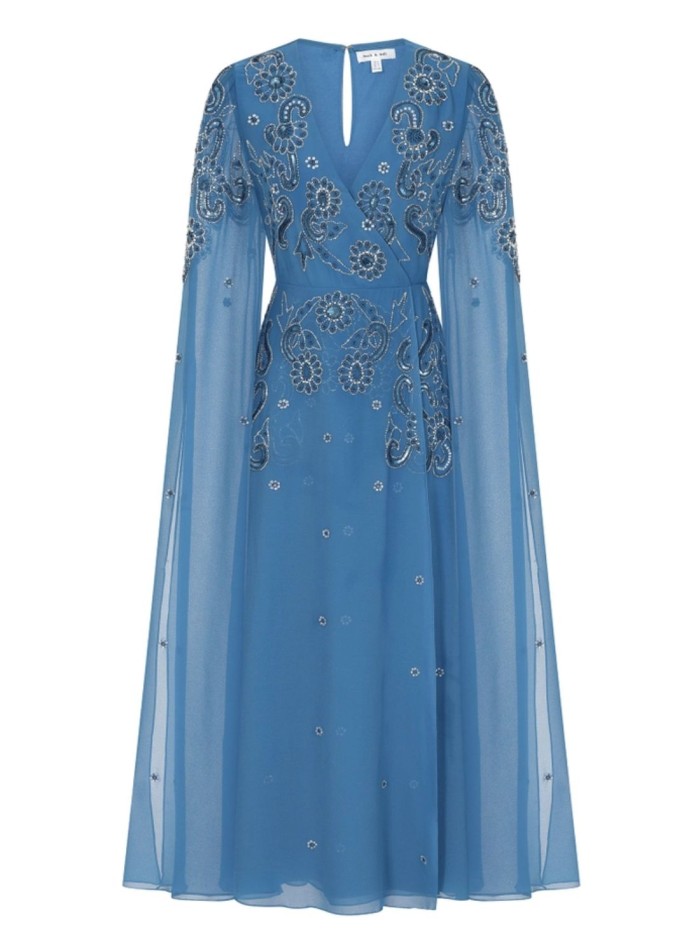 Robe de soirée midi brodée bleue avec manches...