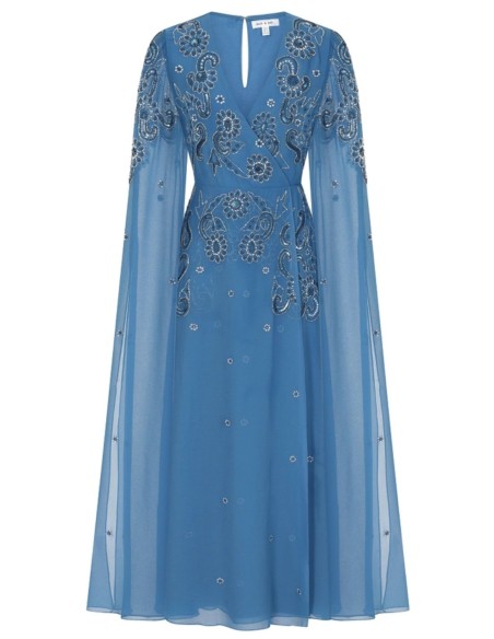 Blue embroidered midi party dress with flowing cape sleeves