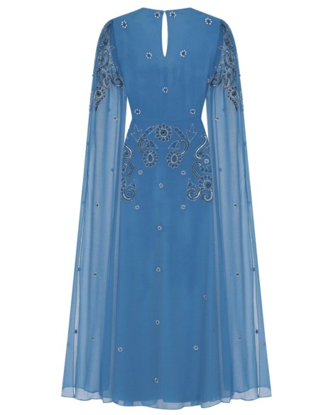 Blue embroidered midi party dress with flowing cape sleeves
