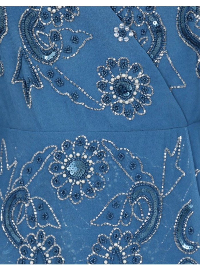 Robe de soirée midi brodée bleue avec manches...