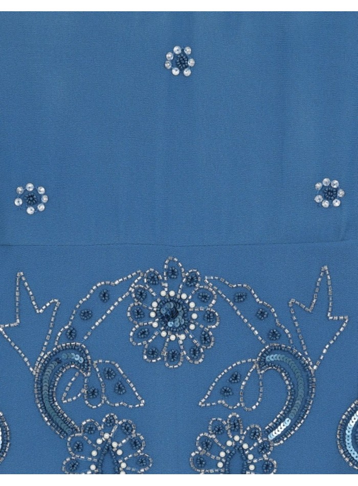 Robe de soirée midi brodée bleue avec manches...