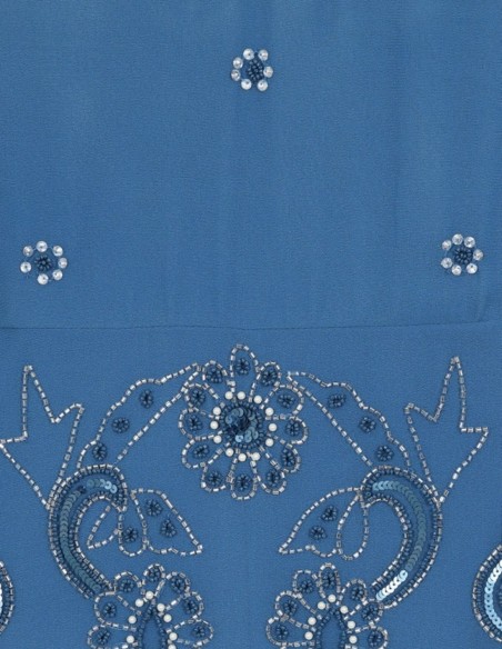 Blue embroidered midi party dress with flowing cape sleeves