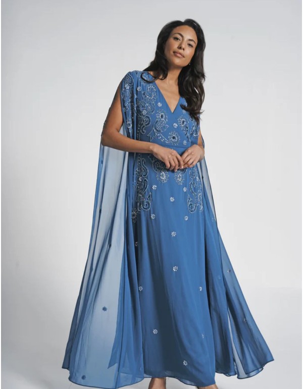 Blue embroidered midi party dress with flowing cape sleeves